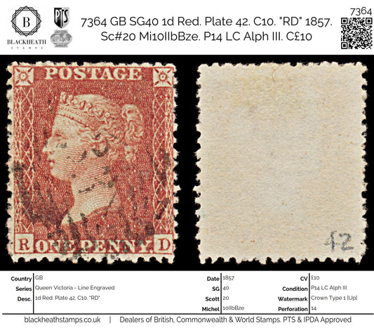 7364 GB SG40 1d Red. Plate 42. C10. "RD" 1857. Sc#20 Mi10IIbBze. P14 LC Alph III. C£10