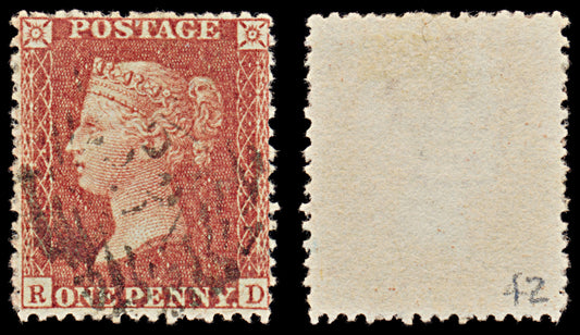 7364 GB SG40 1d Red. Plate 42. C10. "RD" 1857. Sc#20 Mi10IIbBze. P14 LC Alph III. C£10