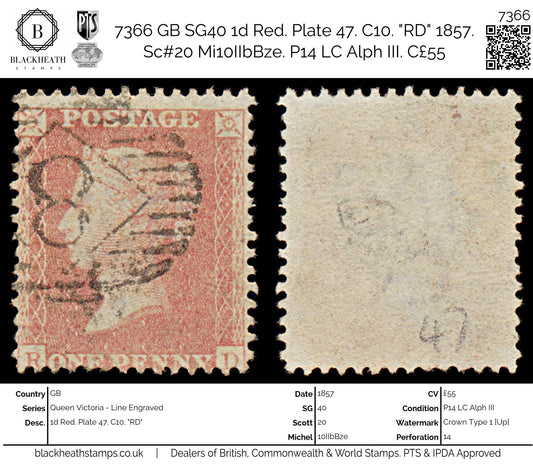 7366 GB SG40 1d Red. Plate 47. C10. "RD" 1857. Sc#20 Mi10IIbBze. P14 LC Alph III. C£55
