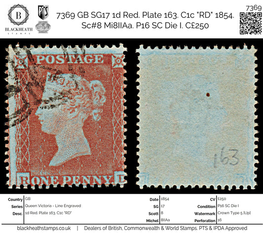 7369 GB SG17 1d Red. Plate 163. C1c "RD" 1854. Sc#8 Mi8IIAa. P16 SC Die I. C£250