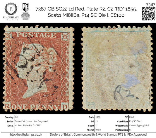7387 GB SG22 1d Red. Plate R2. C2 "RD" 1855. Sc#11 Mi8IIBa. P14 SC Die I. C£100