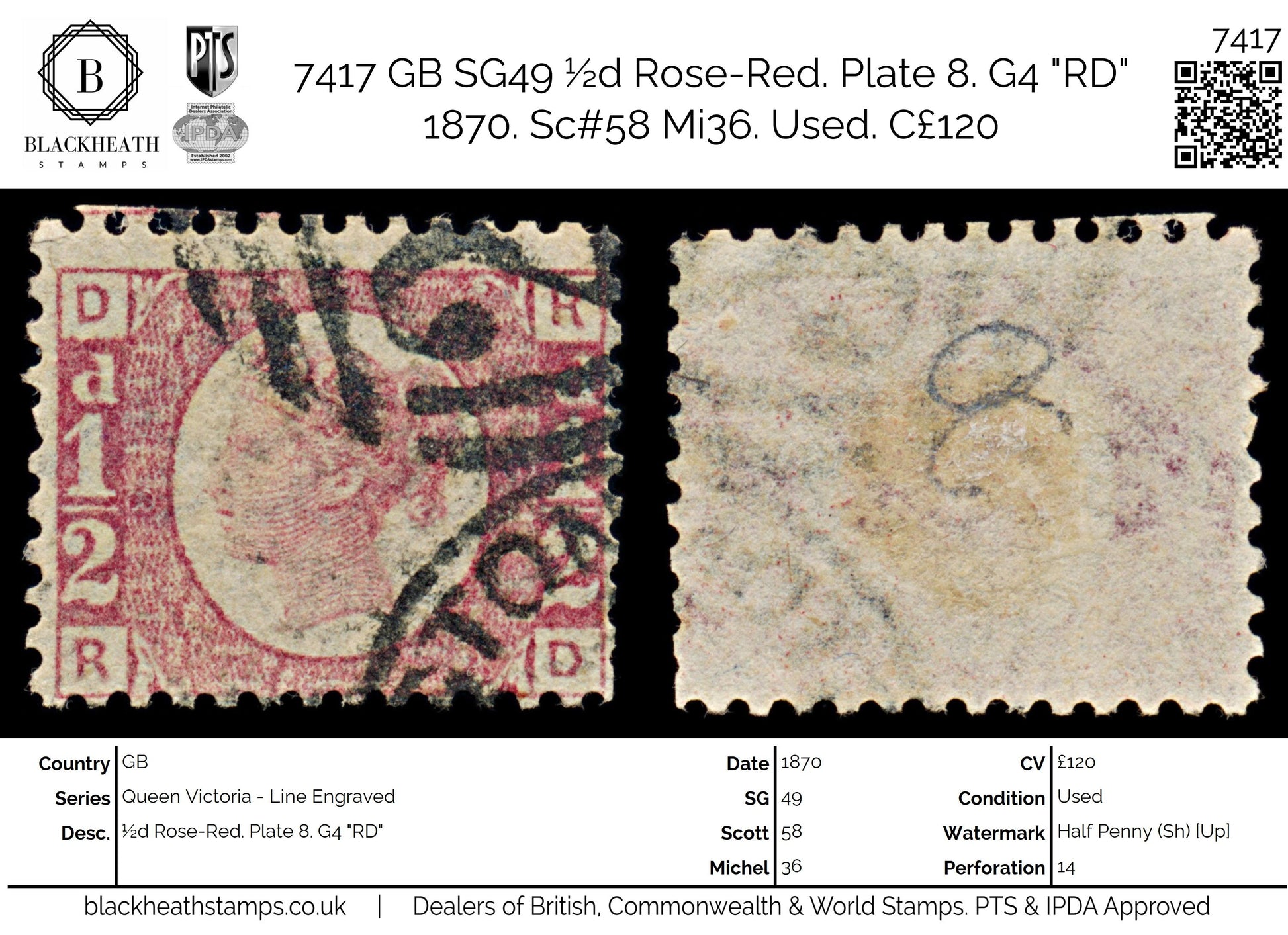 7417 GB SG49 ½d Rose-Red. Plate 8. G4 "RD" 1870. Sc#58 Mi36. Used. C£120