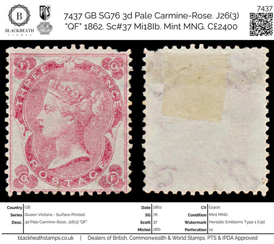 7437 GB SG76 3d Pale Carmine-Rose. J26(3) "QF" 1862. Sc#37 Mi18Ib. Mint MNG. C£2400