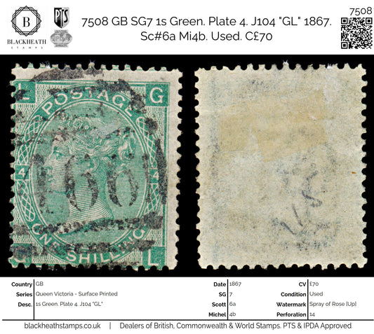 7508 GB SG117 1s Green. Plate 4. J104 "GL" 1867. Sc#54 Mi33. Used. C£70