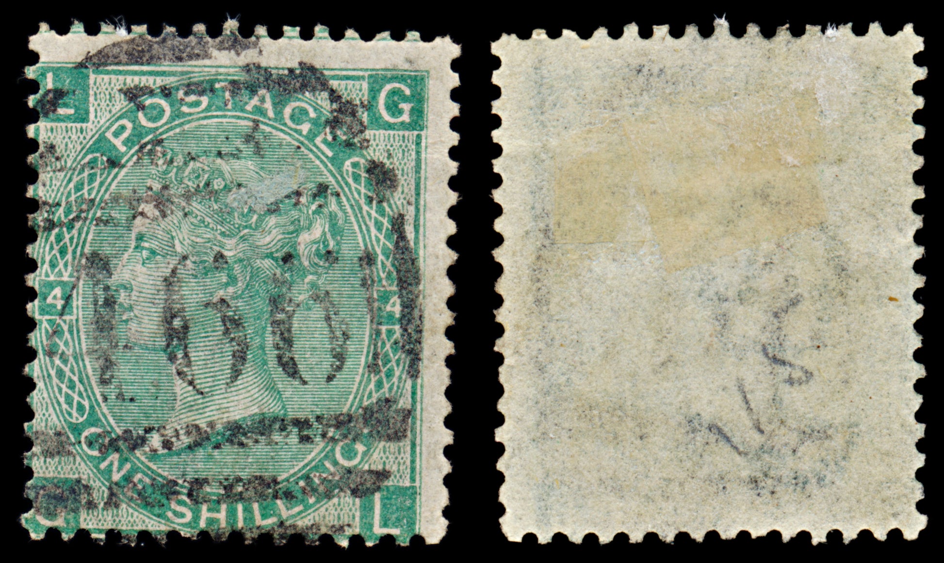 7508 GB SG117 1s Green. Plate 4. J104 "GL" 1867. Sc#54 Mi33. Used. C£70