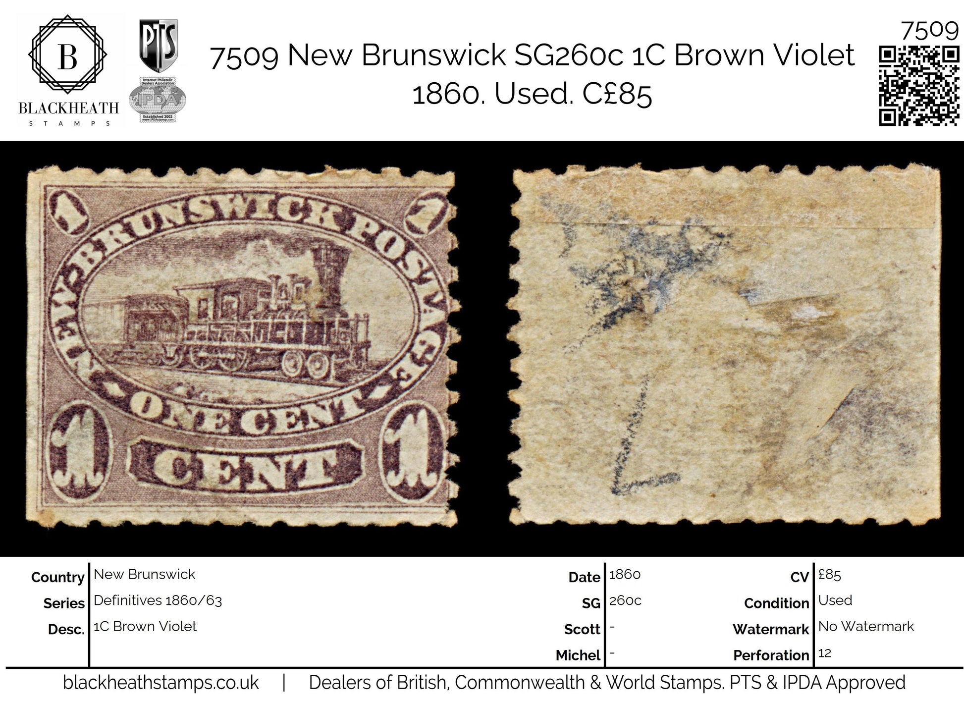 7509 New Brunswick SG7 1C Brown Violet 1860. Sc#6a Mi4b. Used. C£85