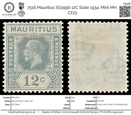 7516 Mauritius SG232b 12C Slate 1934. Sc#189 Mi165II. Mint MH. C£23