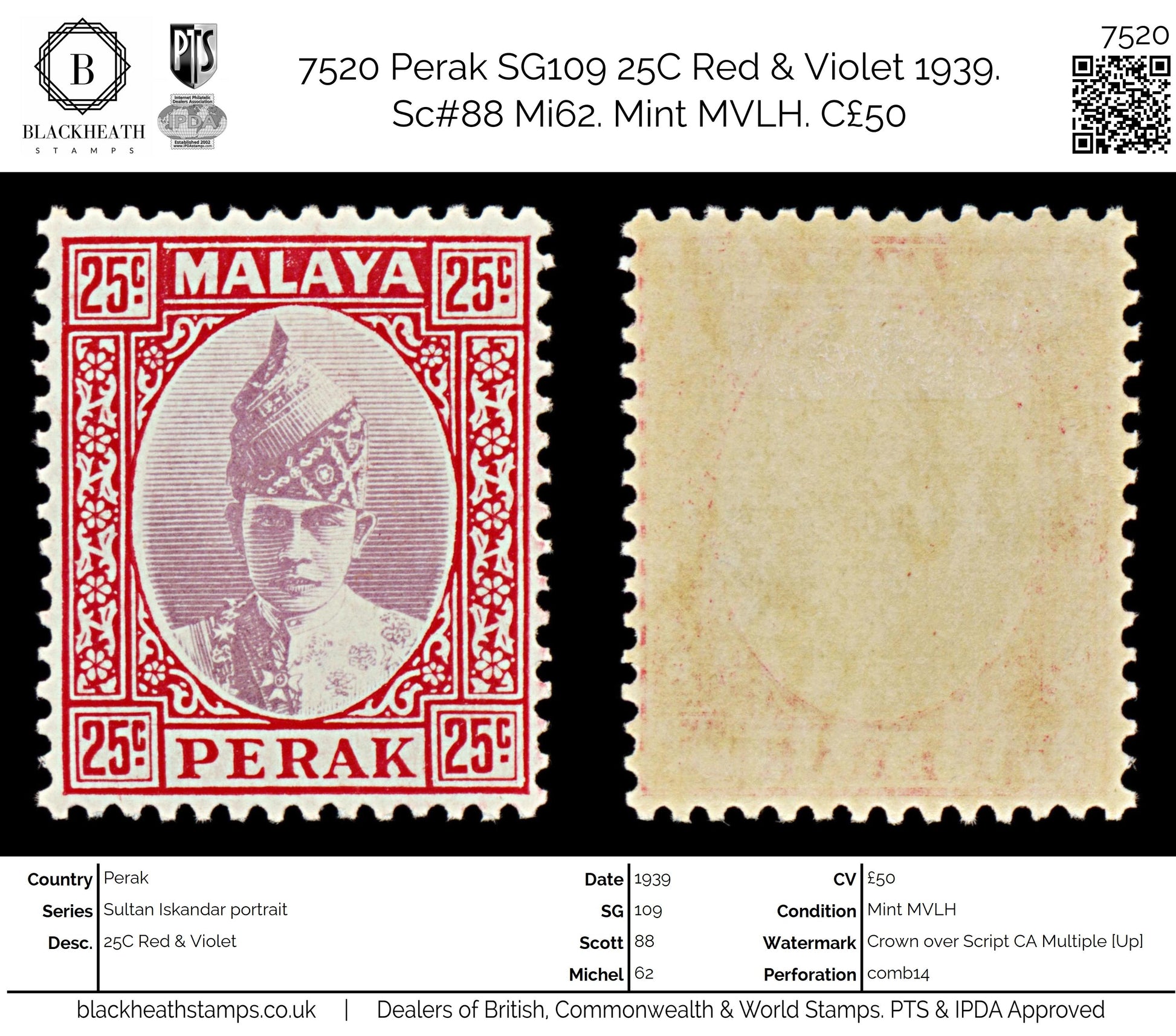 7520 Perak SG115 25C Red & Violet 1939. Sc#92 Mi68. Mint MVLH. C£50