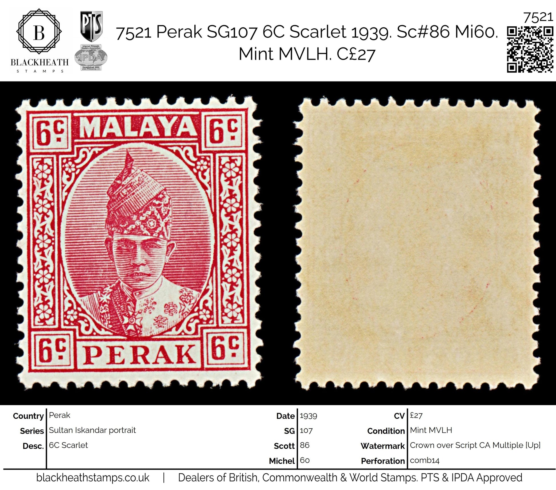 7521 Perak SG109 6C Scarlet 1939. Sc#88 Mi62. Mint MVLH. C£27