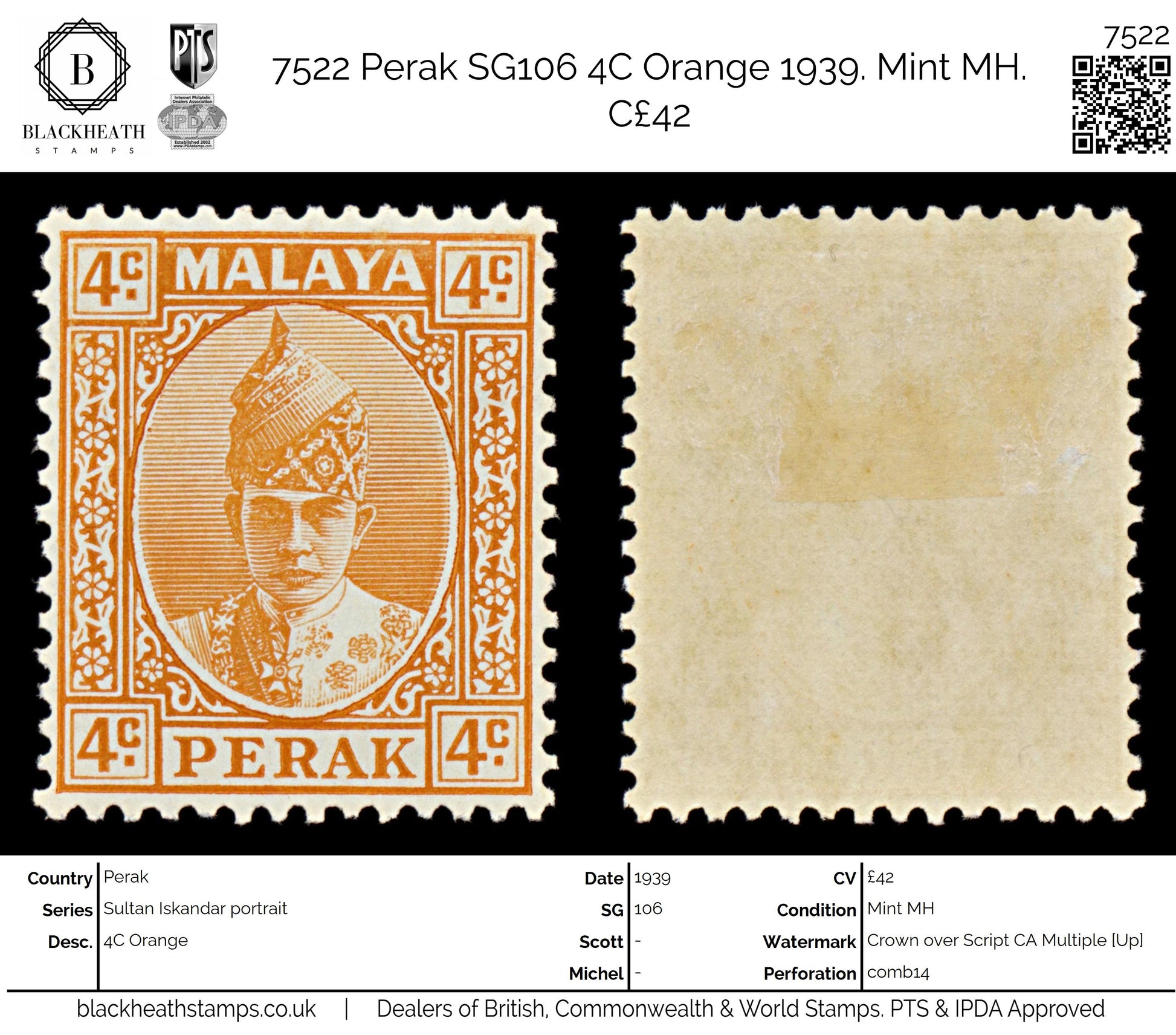7522 Perak SG107 4C Orange 1939. Sc#86 Mi60. Mint MH. C£42