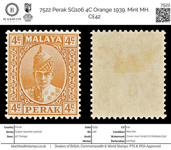 7522 Perak SG107 4C Orange 1939. Sc#86 Mi60. Mint MH. C£42