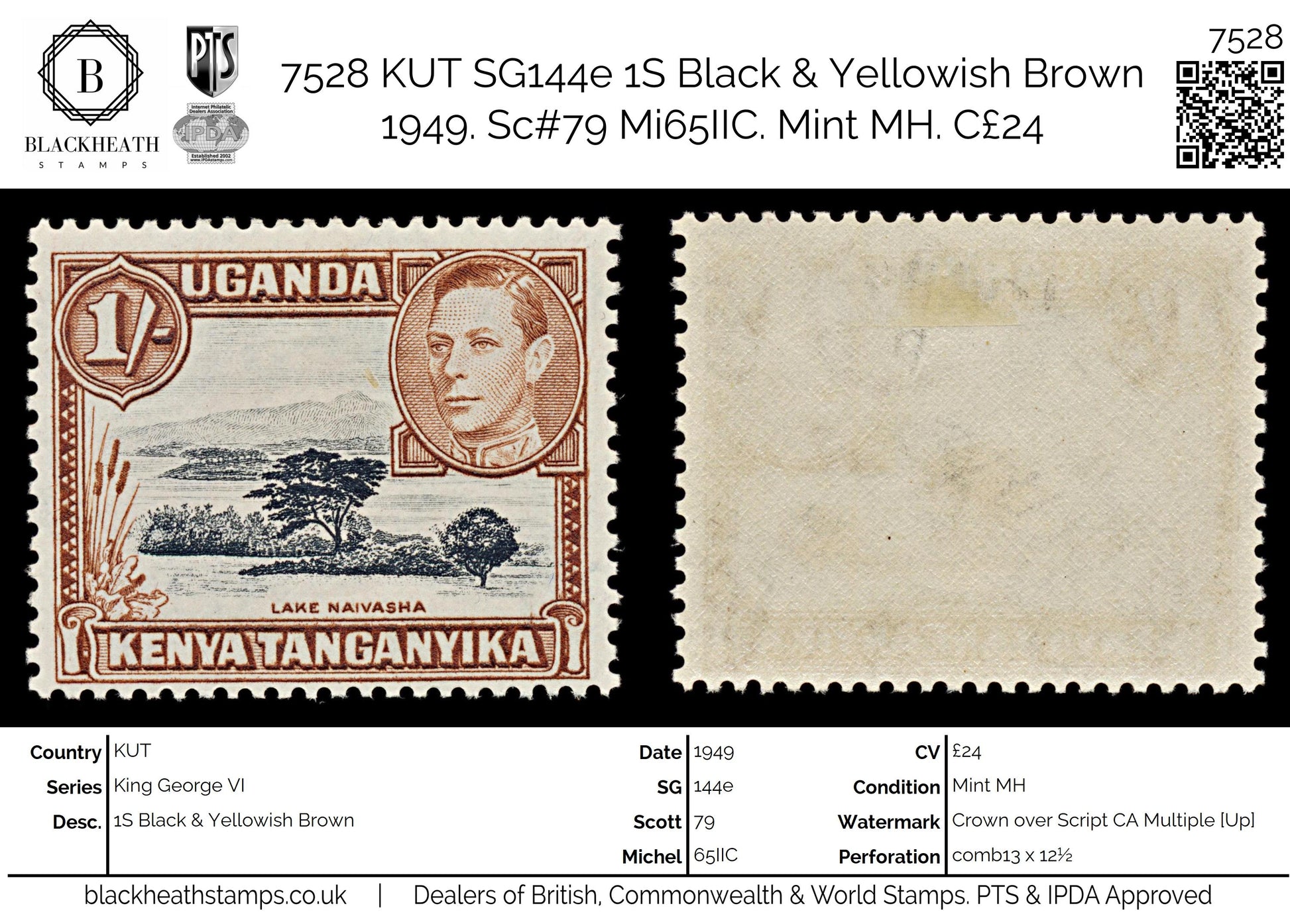 7528 KUT SG145b 1S Black & Yellowish Brown 1949. Sc#80a Mi66C. Mint MH. C£24