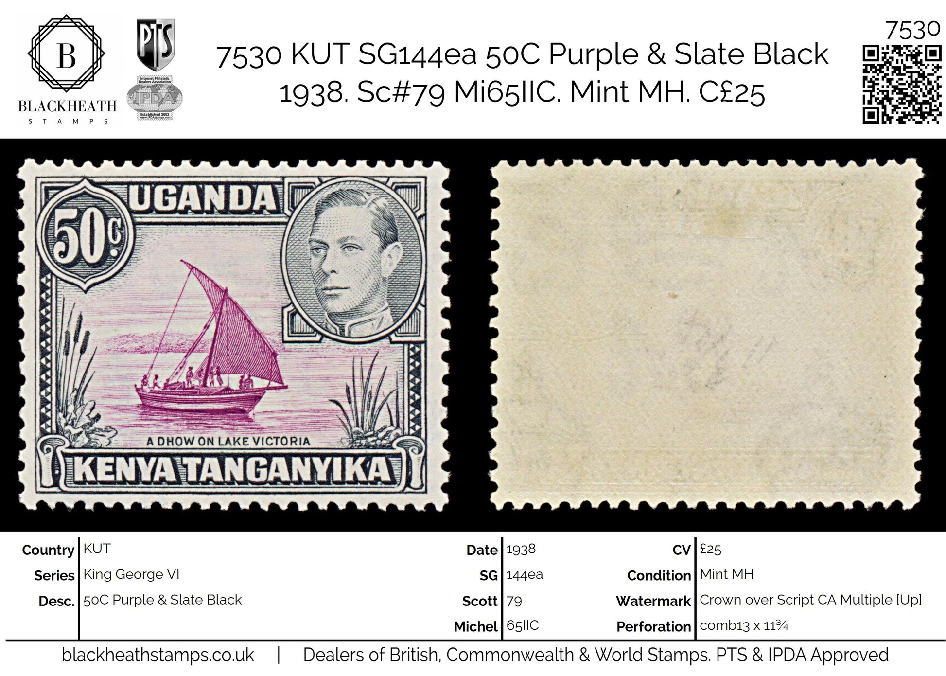 7530 KUT SG144 50C Purple & Slate Black 1938. Sc#79a Mi65IIA. Mint MH. C£25