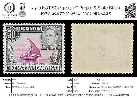 7530 KUT SG144 50C Purple & Slate Black 1938. Sc#79a Mi65IIA. Mint MH. C£25