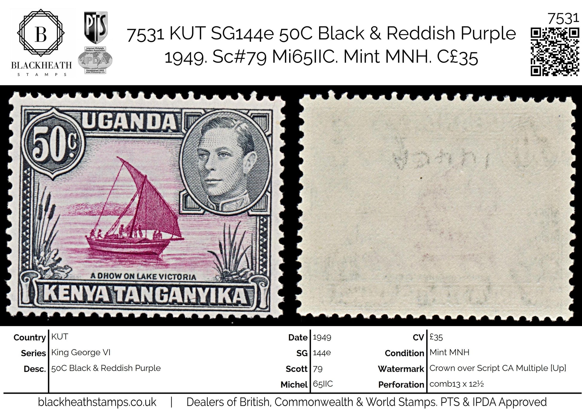 7531 KUT SG144ea 50C Black & Reddish Purple 1949. Sc#79 Mi65IIC. Mint MNH. C£35