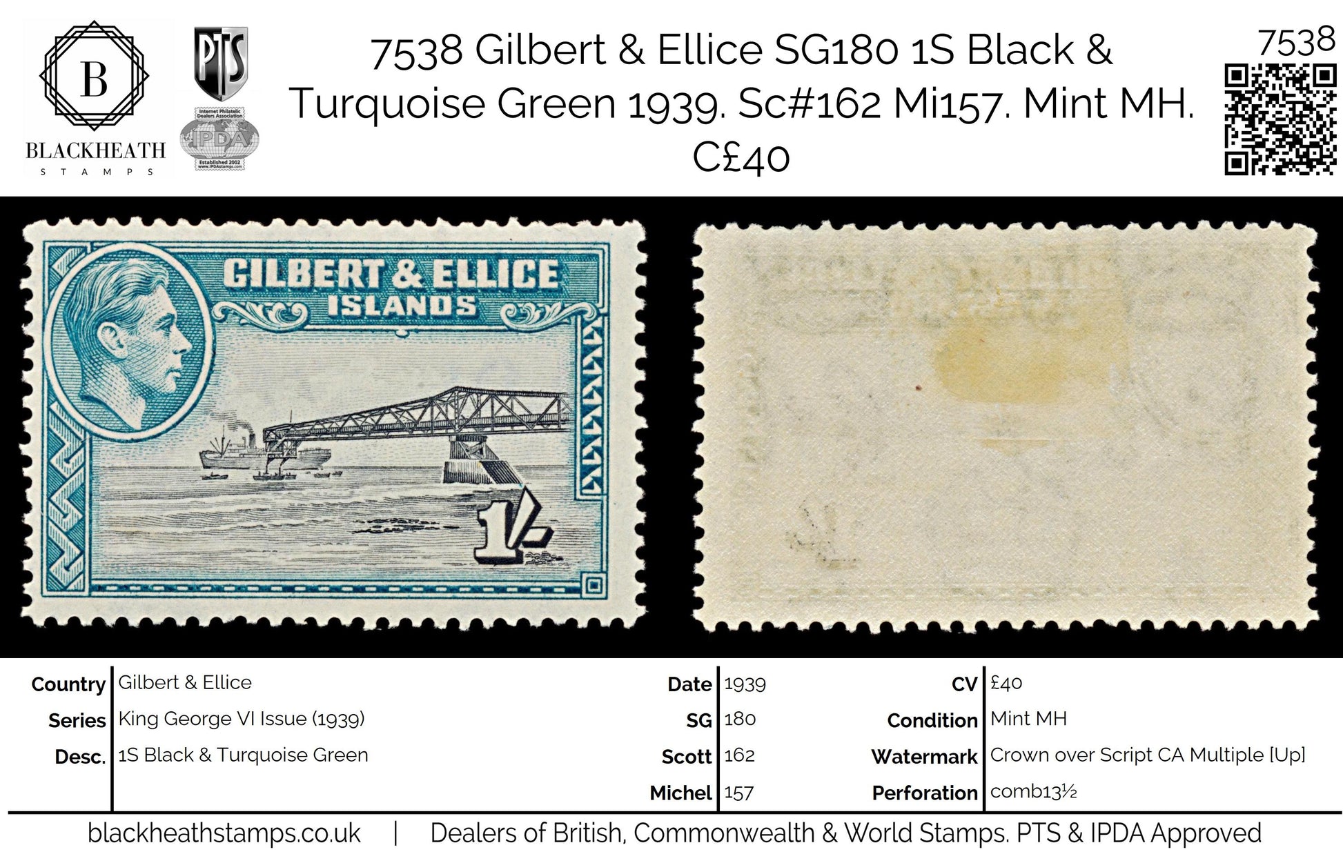 7538 Gilbert & Ellice SG51 1S Black & Turquoise Green 1939. Sc#48 Mi46A. Mint MH. C£40
