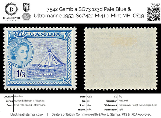 7542 Gambia SG179 1s3d Pale Blue & Ultramarine 1953. Sc#161 Mi156. Mint MH. C£19