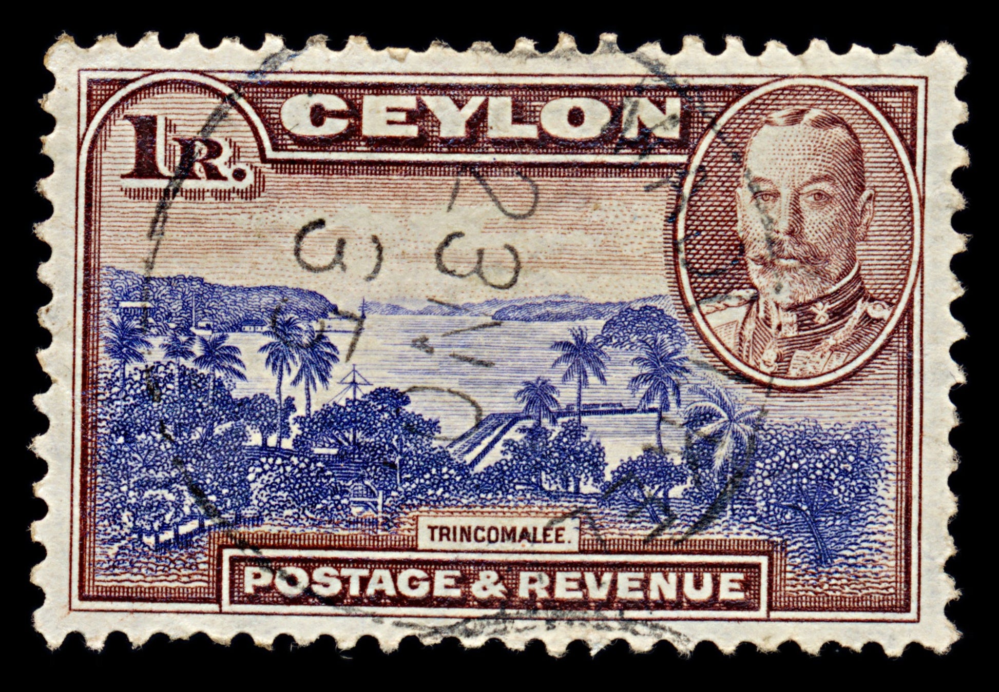 7548 Ceylon SG378 1Rs Brown & Violet 1935. Sc#274 Mi226. Used. C£32