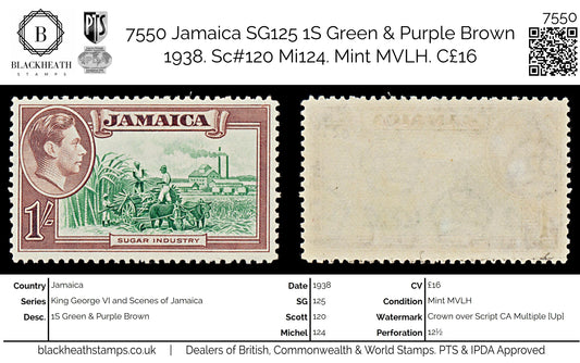7550 Jamaica SG130 1S Green & Purple Brown 1938. Sc#125 Mi131. Mint MVLH. C£16