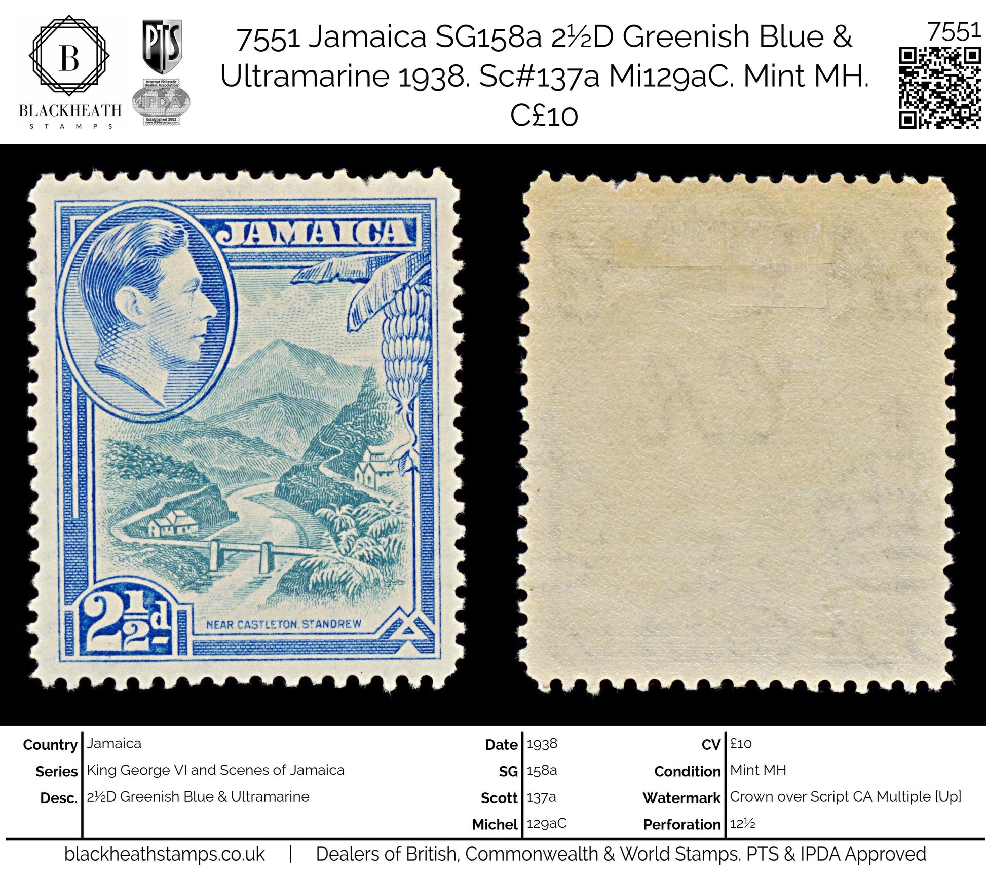 7551 Jamaica SG125 2½D Greenish Blue & Ultramarine 1938. Sc#120 Mi124. Mint MH. C£10