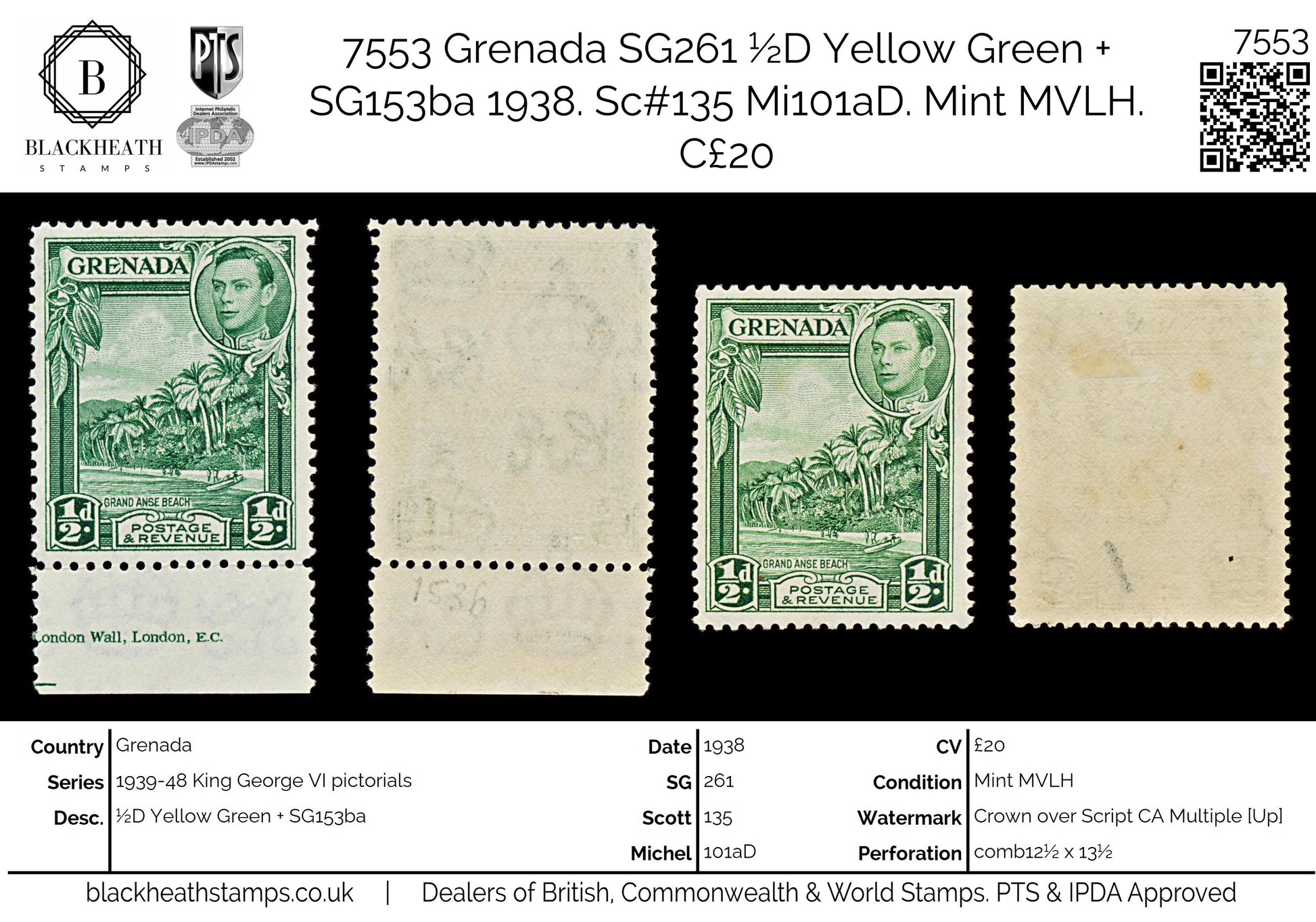 7553 Grenada SG153b ½D Yellow Green + SG153ba 1938. Mi124a. Mint MVLH. C£20
