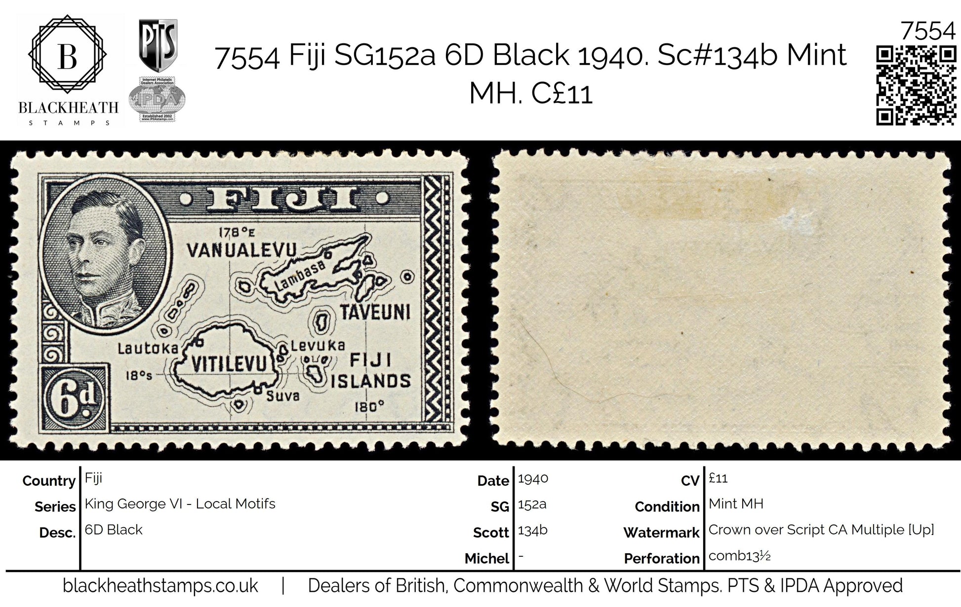 7554 Fiji SG261 6D Black 1940. Sc#135 Mi101aD. Mint MH. C£11
