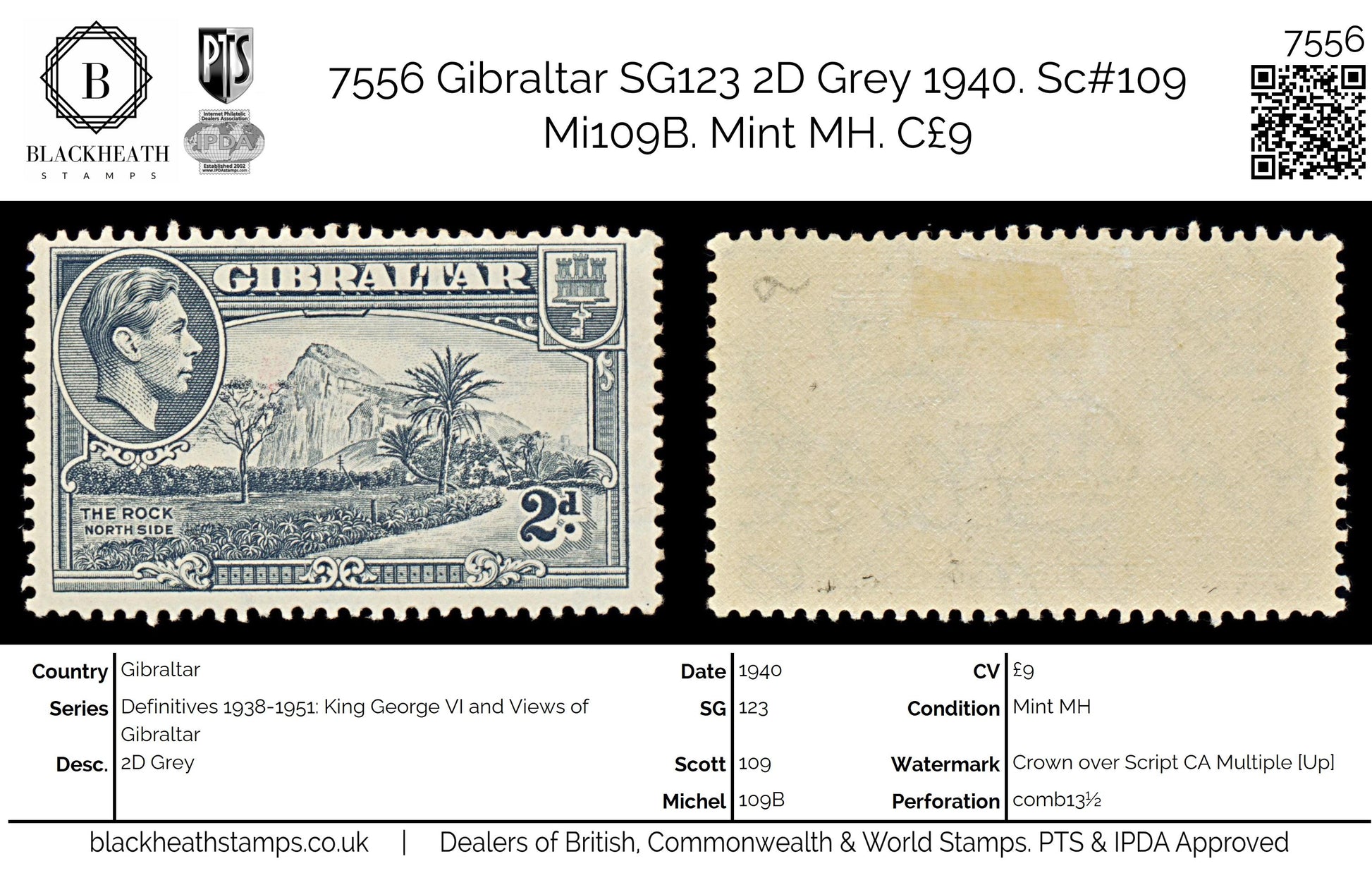7556 Gibraltar SG124a 2D Grey 1940. Sc#110c Mi110CX. Mint MH. C£9