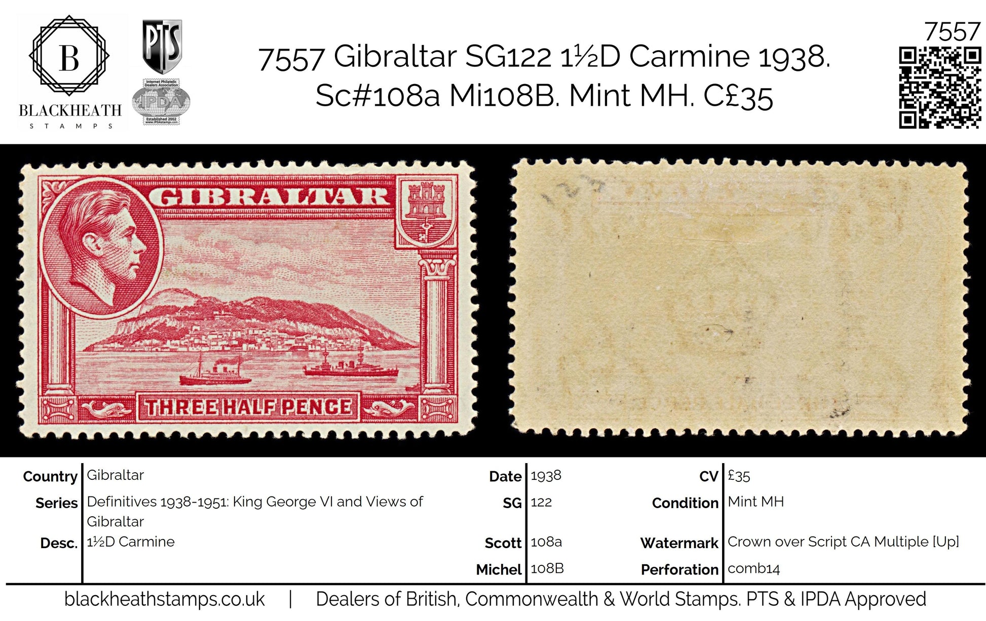 7557 Gibraltar SG123 1½D Carmine 1938. Sc#109 Mi109B. Mint MH. C£35