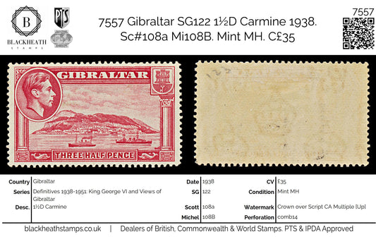 7557 Gibraltar SG123 1½D Carmine 1938. Sc#109 Mi109B. Mint MH. C£35