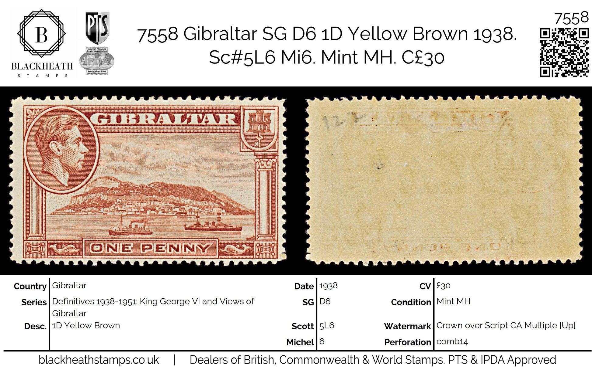 7558 Gibraltar SG122 1D Yellow Brown 1938. Sc#108a Mi108B. Mint MH. C£30