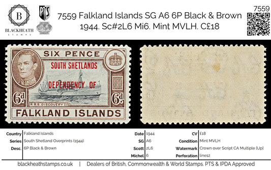 7559 Falkland Islands SG D6 6P Black & Brown 1944. Sc#5L6 Mi6. Mint MVLH. C£18