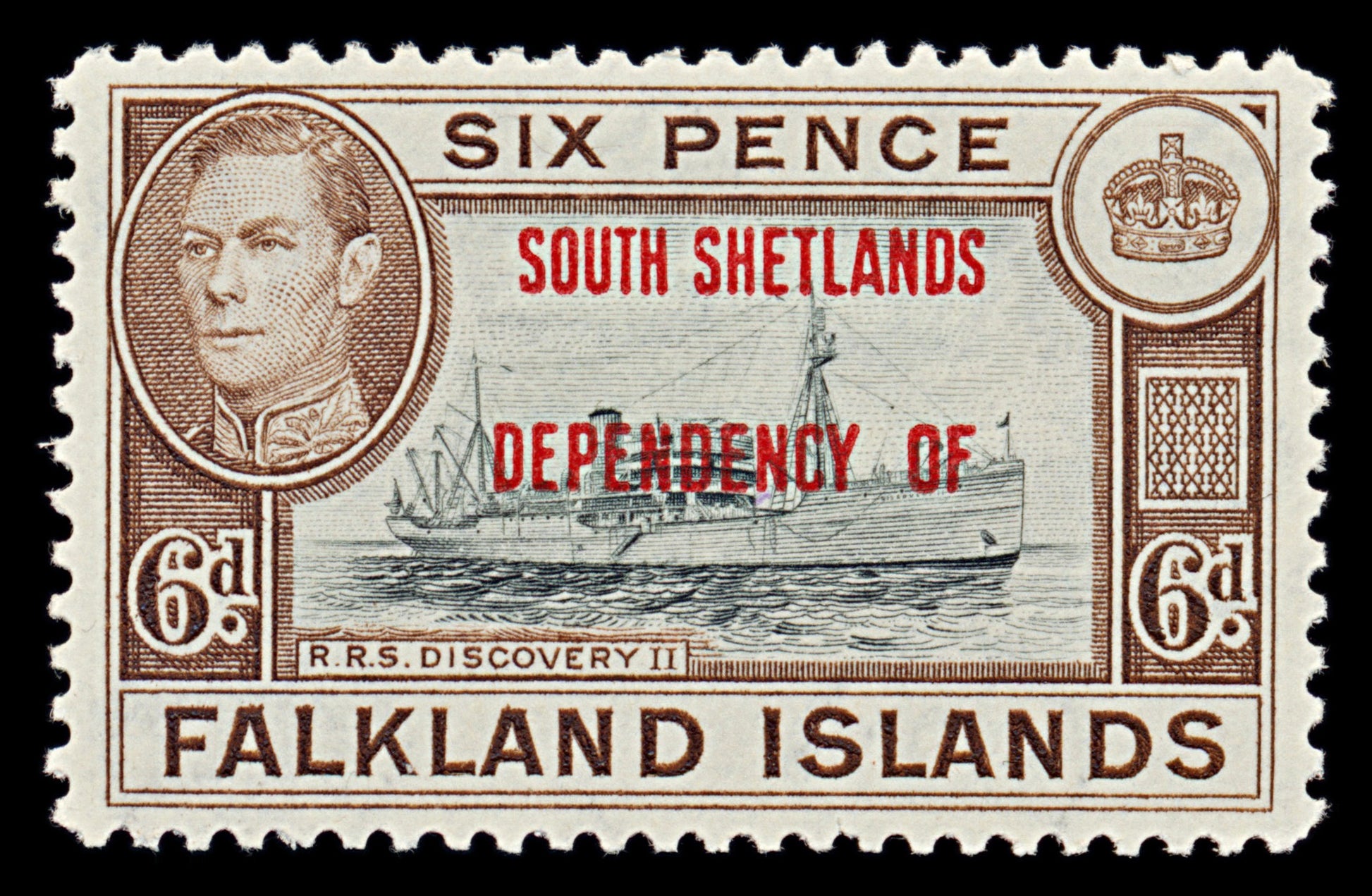 7559 Falkland Islands SG D6 6P Black & Brown 1944. Sc#5L6 Mi6. Mint MVLH. C£18