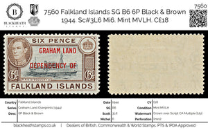 7560 Falkland Islands SG A6 6P Black & Brown 1944. Sc#2L6 Mi6. Mint MVLH. C£18