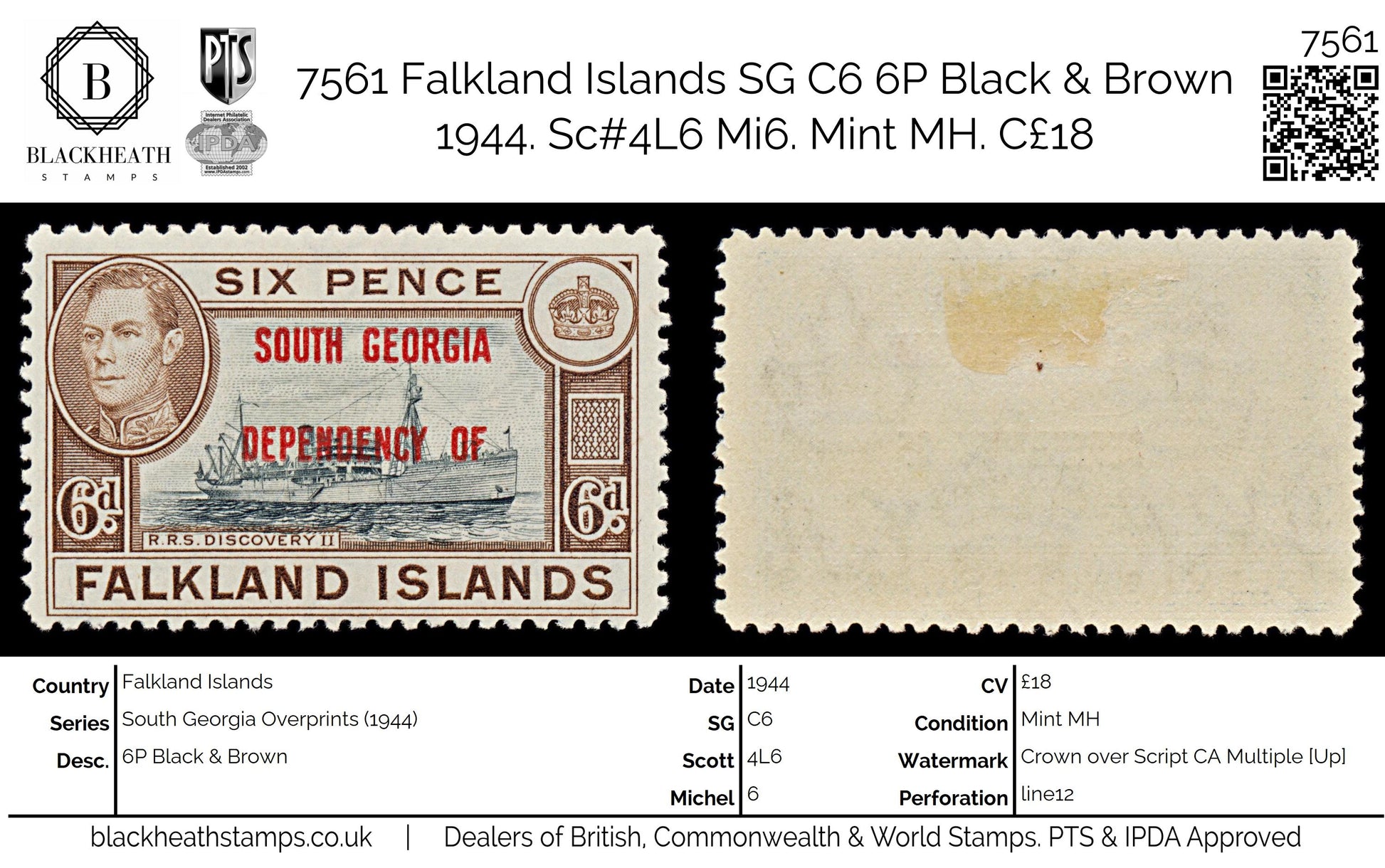 7561 Falkland Islands SG B6 6P Black & Brown 1944. Sc#3L6 Mi6. Mint MH. C£18