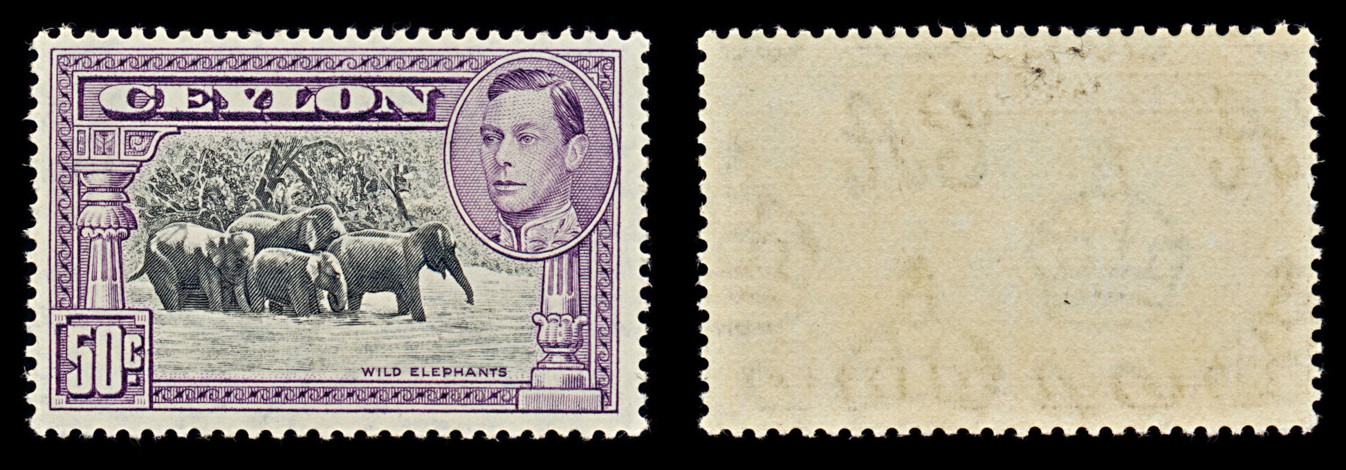 7565 Ceylon SG394b 50C Black & Violet. P11½x13 1938. Sc#286d Mi239D. Mint MH. C£28