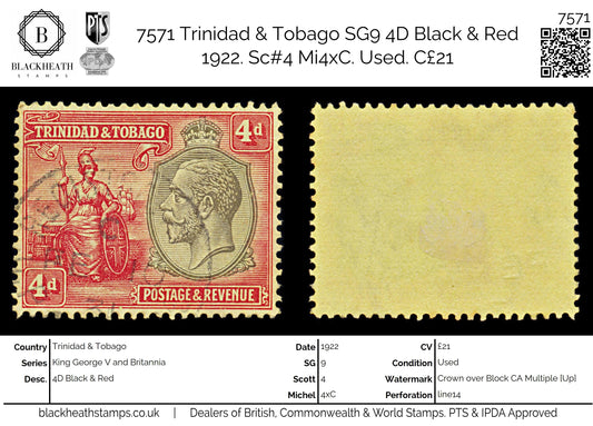 7571 Trinidad & Tobago SG216 4D Black & Red 1922. Sc#32 Mi102. Used. C£21