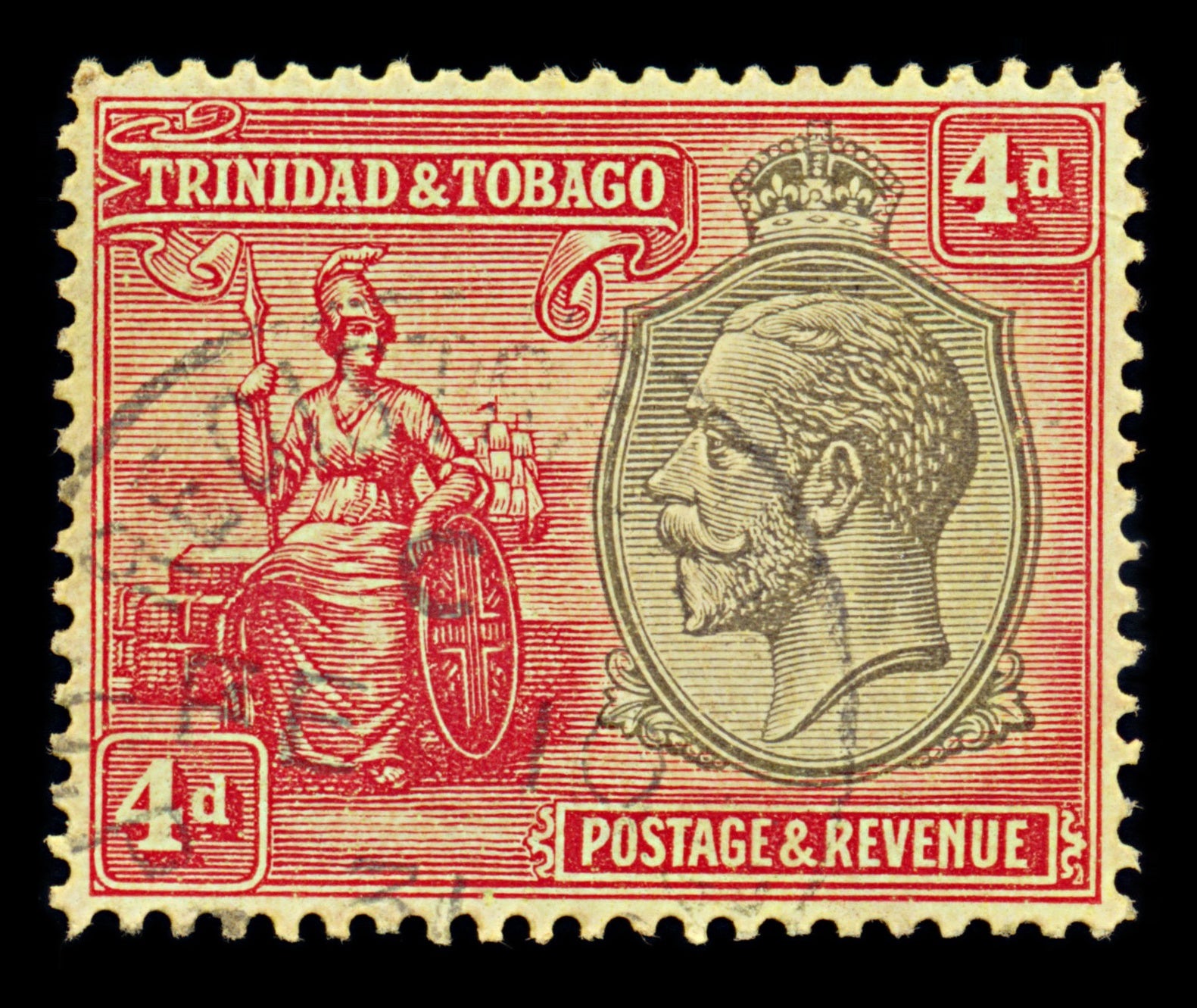 7571 Trinidad & Tobago SG216 4D Black & Red 1922. Sc#32 Mi102. Used. C£21