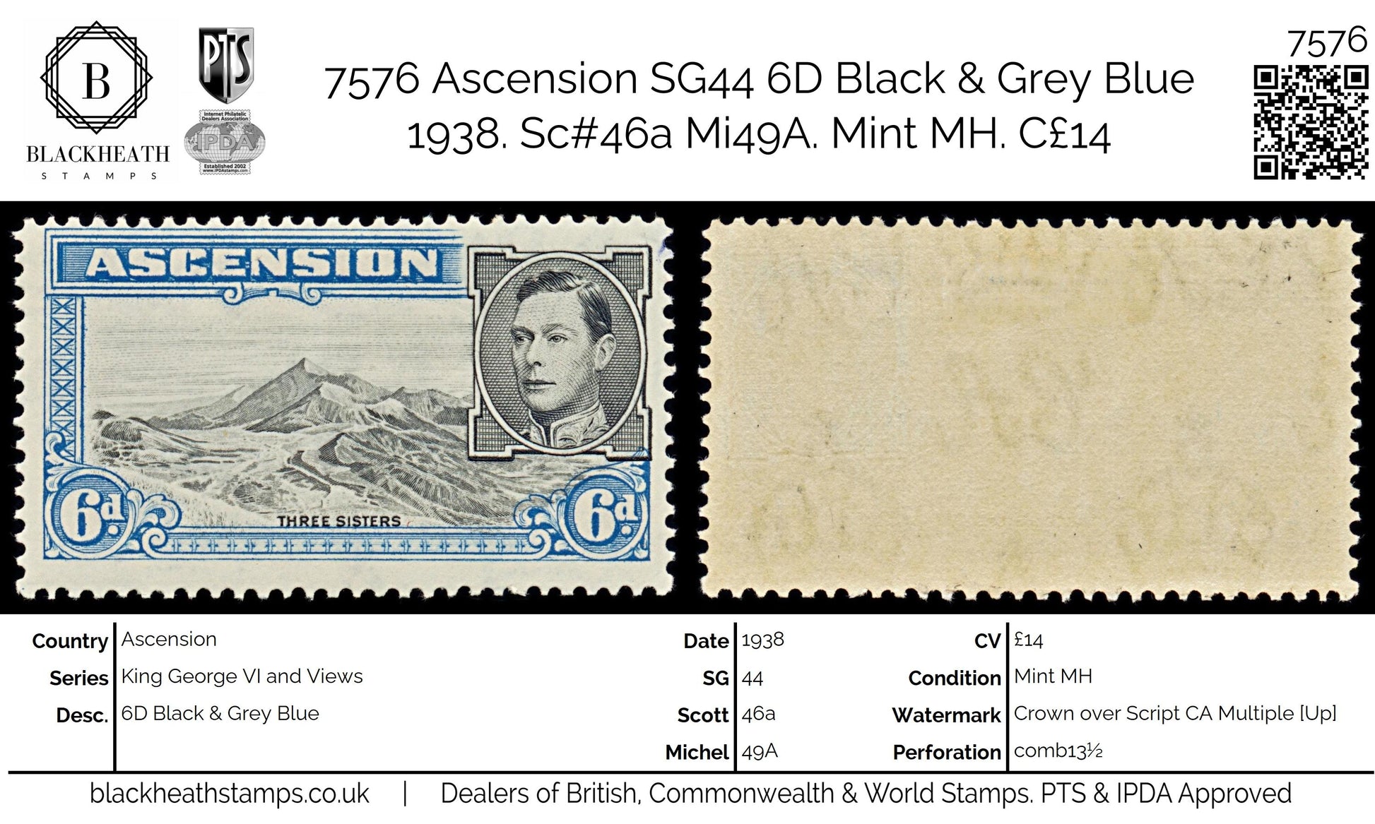 7576 Ascension SG43 6D Black & Grey Blue 1938. Sc#45 Mi48A. Mint MH. C£14
