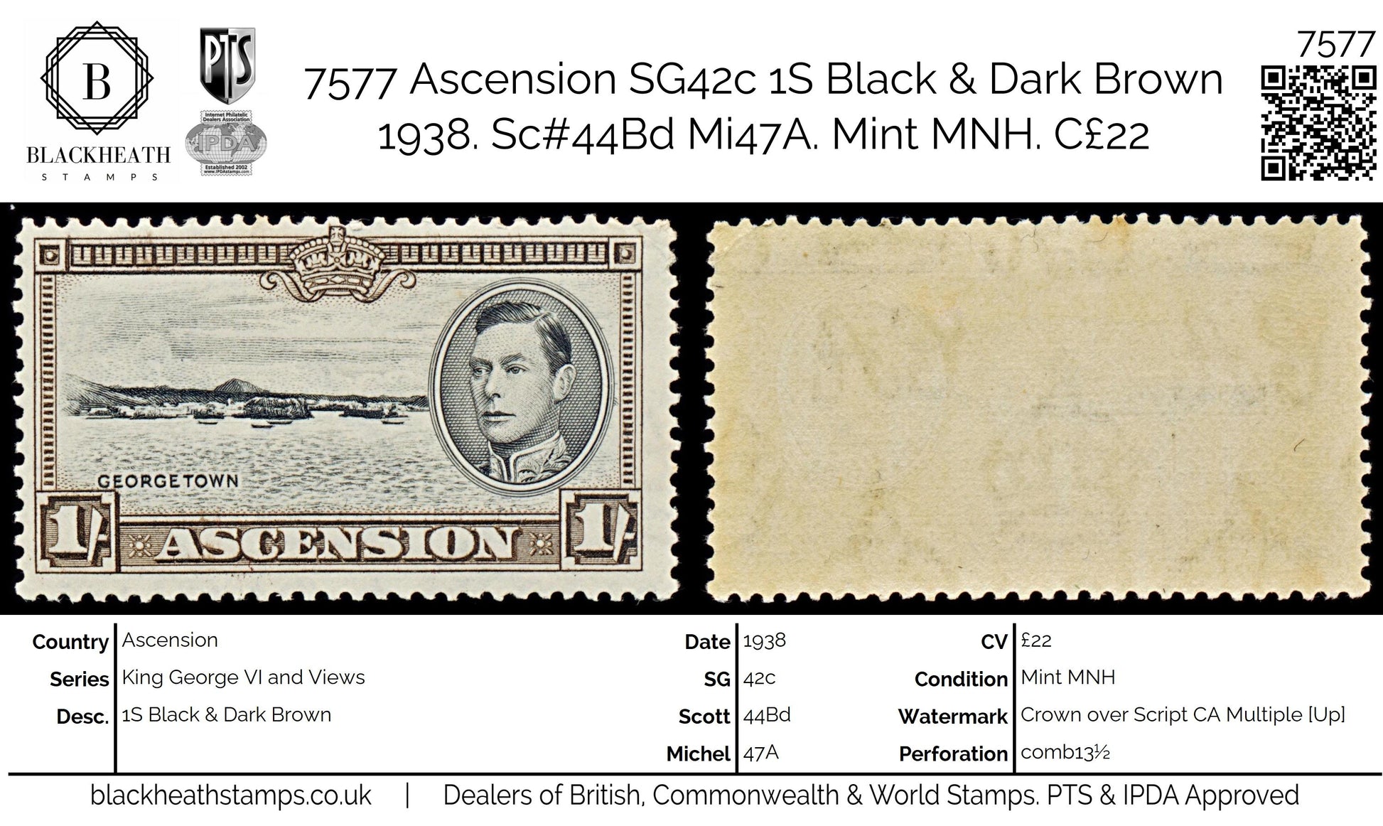 7577 Ascension SG44 1S Black & Dark Brown 1938. Sc#46a Mi49A. Mint MNH. C£22