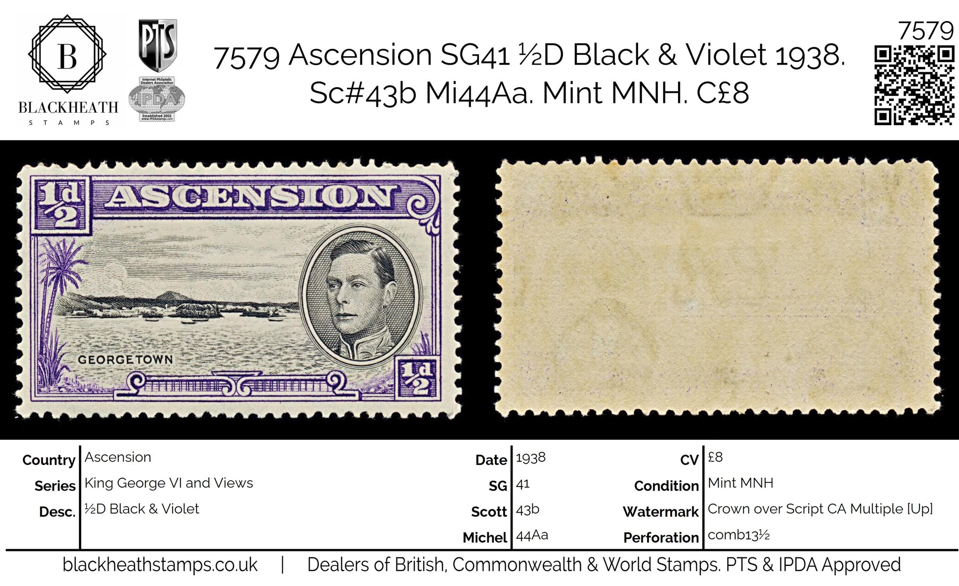 7579 Ascension SG38 ½D Black & Violet 1938. Sc#40a Mi39A. Mint MNH. C£8