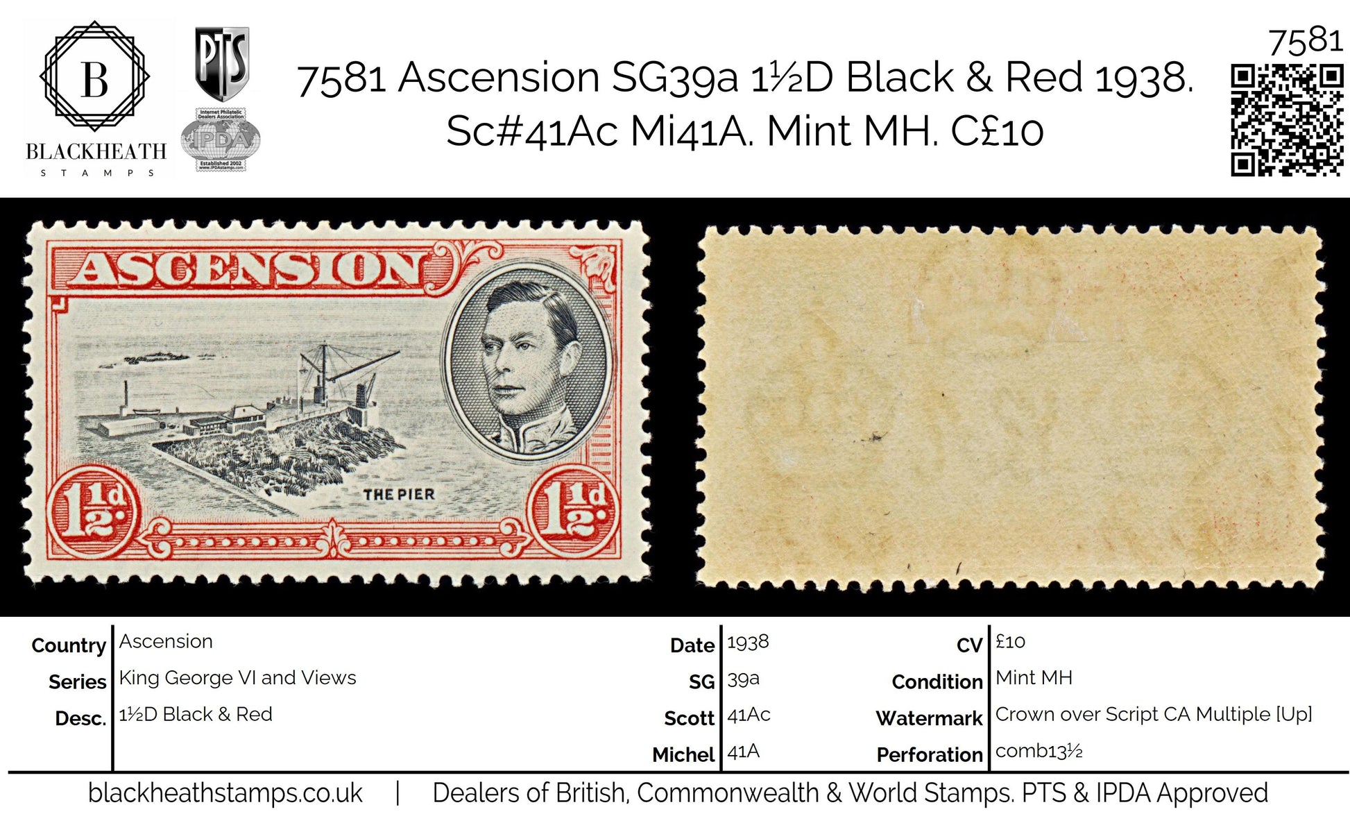 7581 Ascension SG40 1½D Black & Red 1938. Sc#42b Mi43Aa. Mint MH. C£10