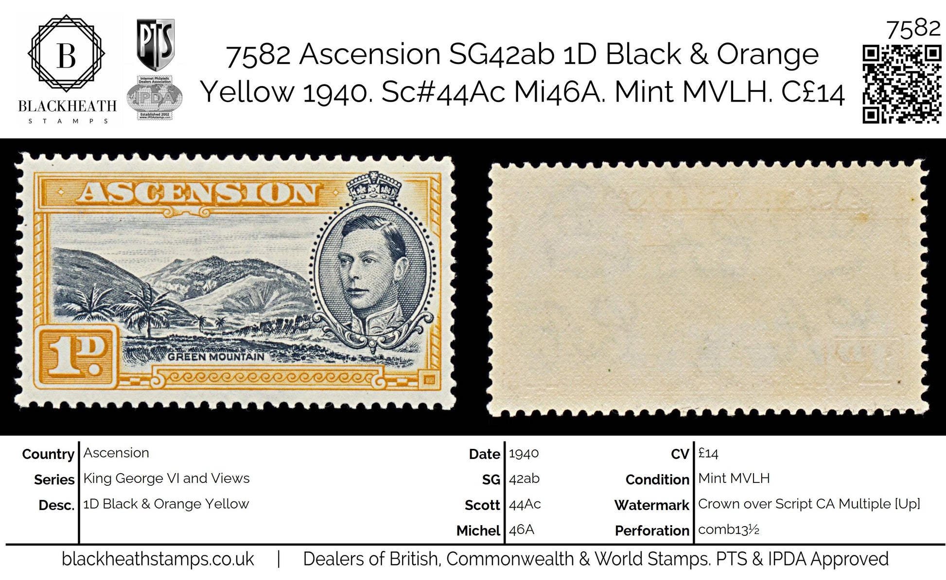 7582 Ascension SG39a 1D Black & Orange Yellow 1940. Sc#41Ac Mi41A. Mint MVLH. C£14