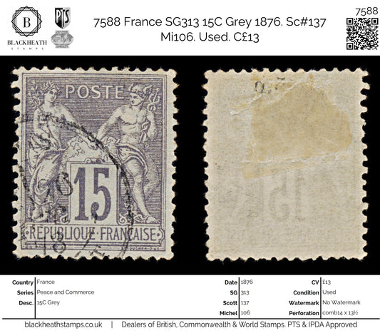 7588 France SG217 15C Grey 1876. Sc#69 Mi61I. Used. C£13