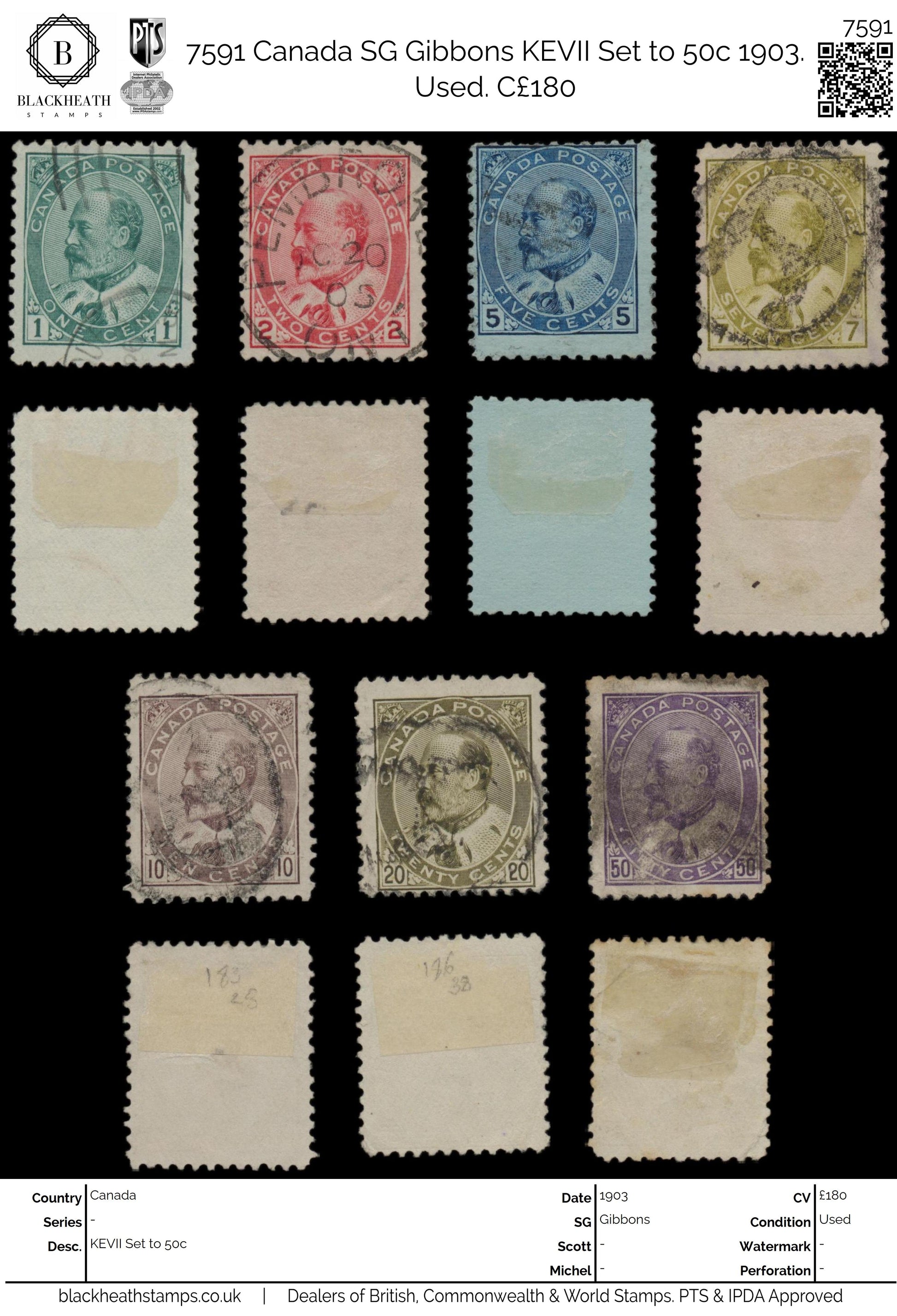 7591 Canada SG173-187 KEVII Set to 50c 1903. Used. C£180