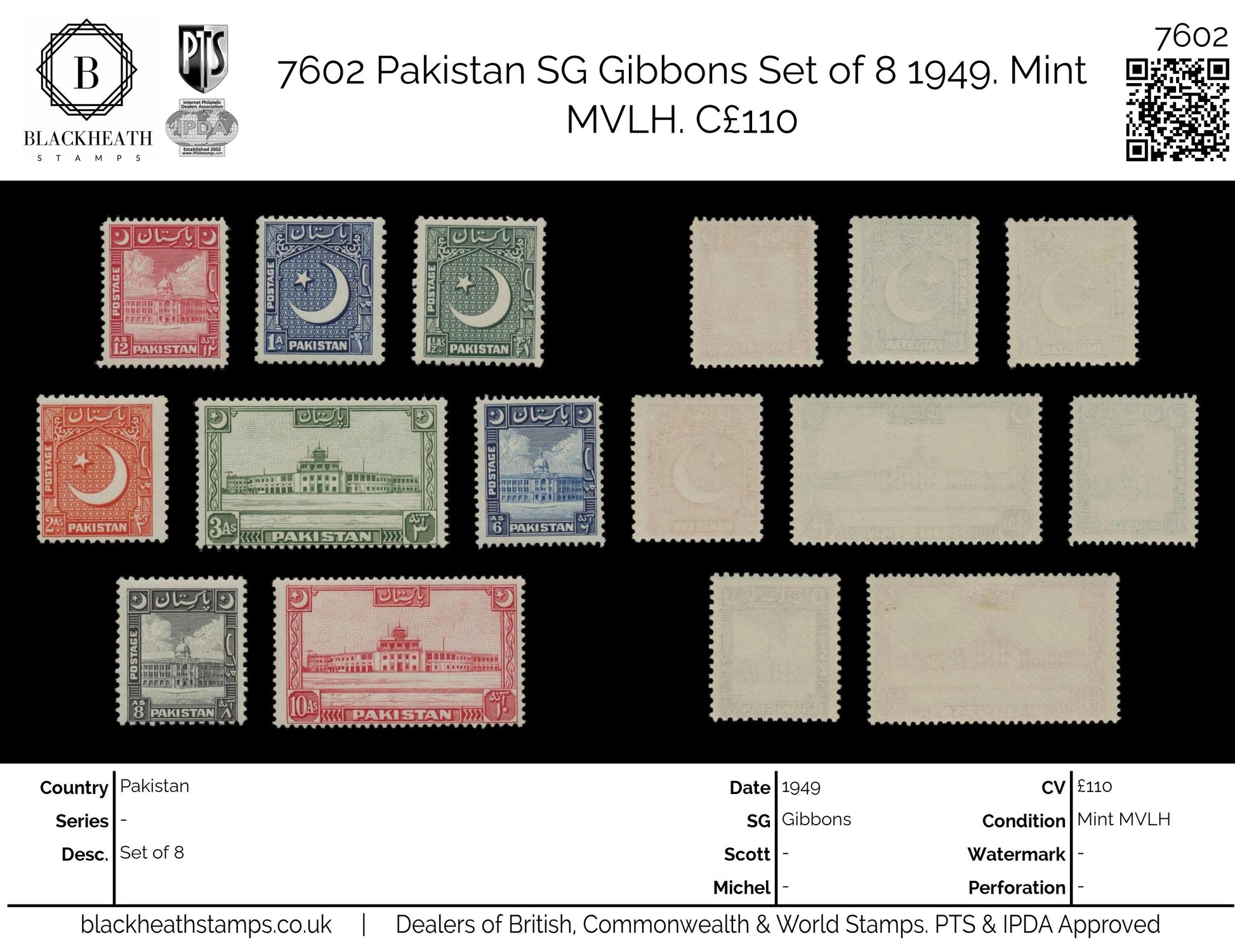 7602 Pakistan SG44-51 Set of 8 1949. Mint MVLH. C£110