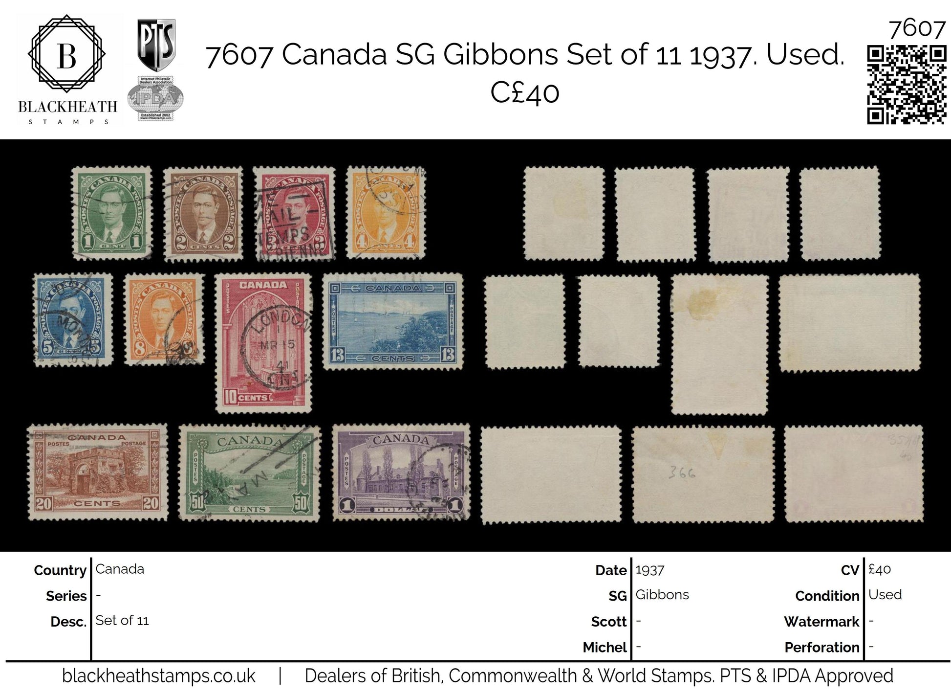 7607 Canada SG357-367 Set of 11 1937. Used. C£40