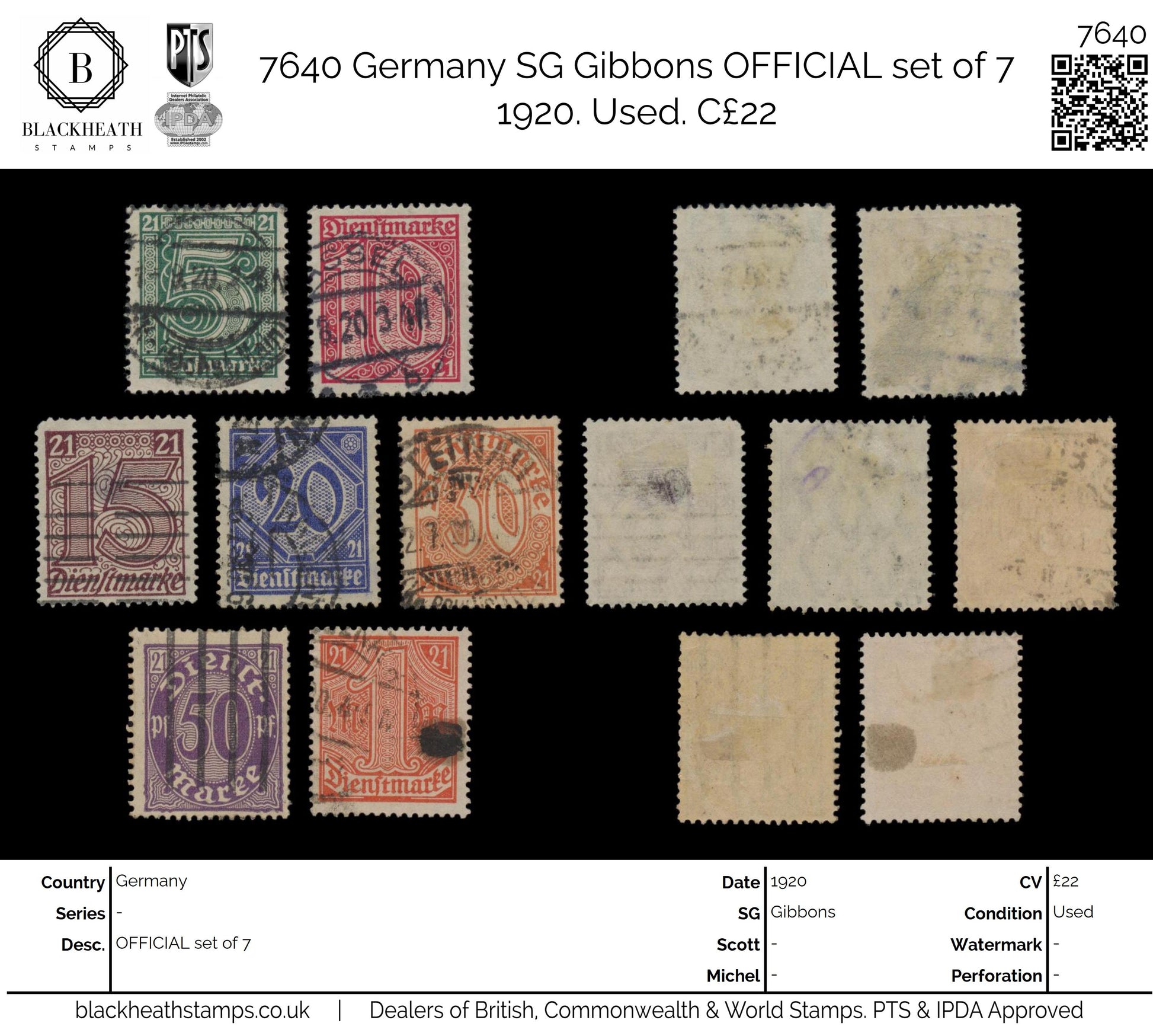 7640 Germany SG O117-O123 OFFICIAL set of 7 1920. Used. C£22