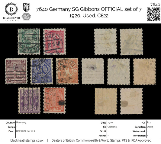7640 Germany SG O117-O123 OFFICIAL set of 7 1920. Used. C£22