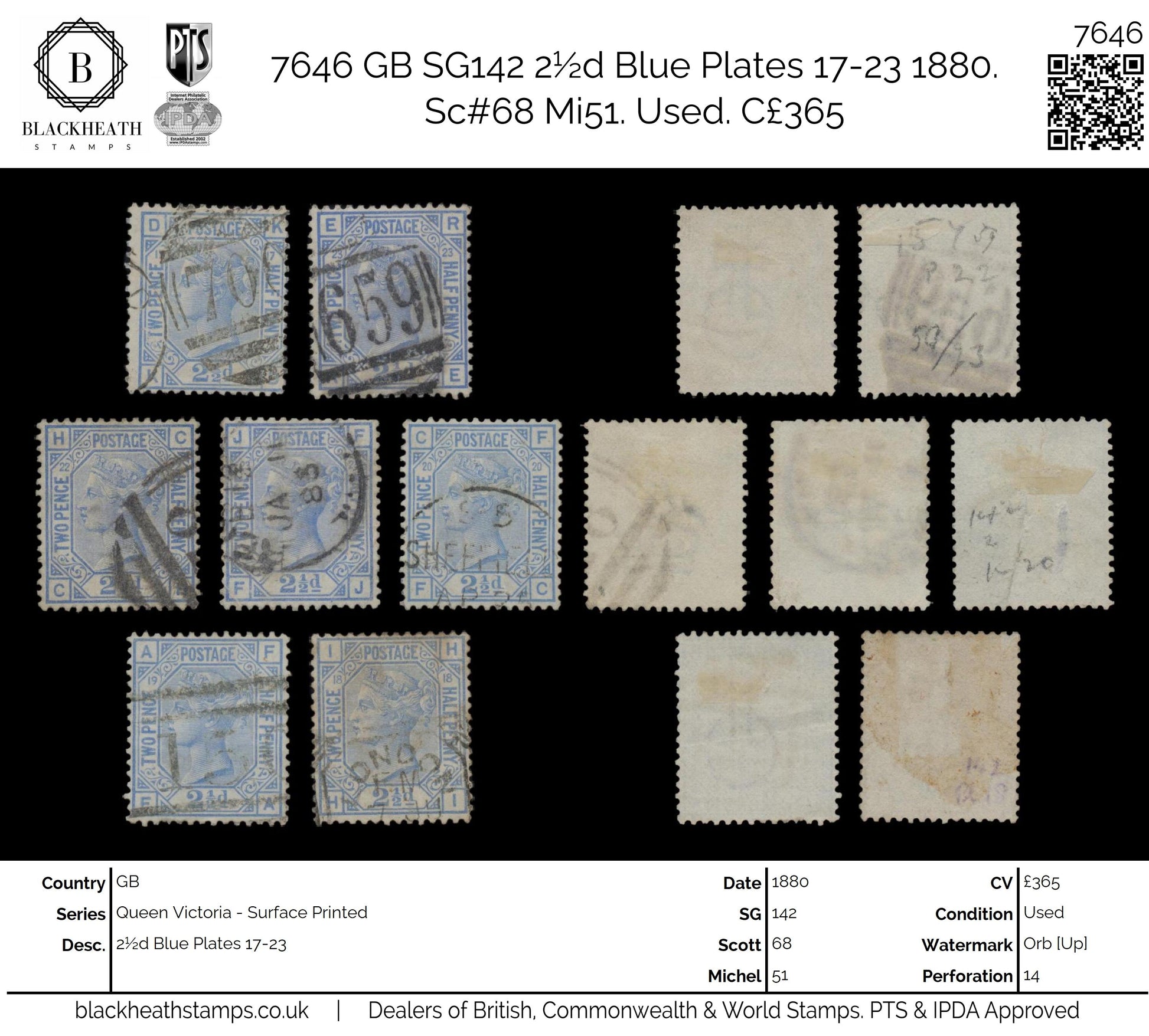7646 GB SG142 2½d Blue Plates 17-23 1880. Sc#68 Mi51. Used. C£365