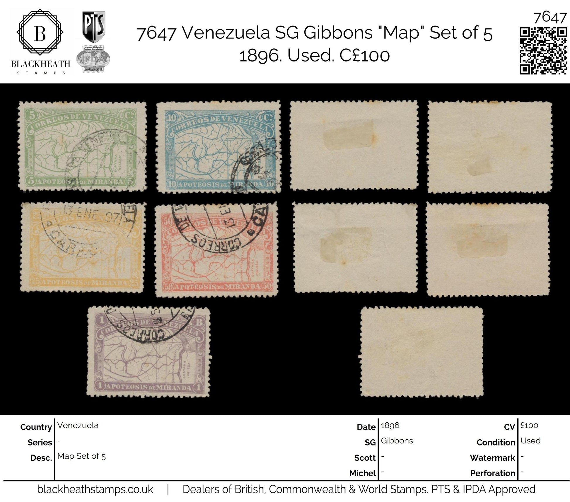 7647 Venezuela SG169-173 "Map" Set of 5 1896. Used. C£100